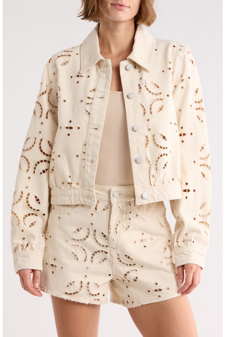 Eyelet Embroidered Denim Trucker Jacket, Main, color, DOUBLE CREAM