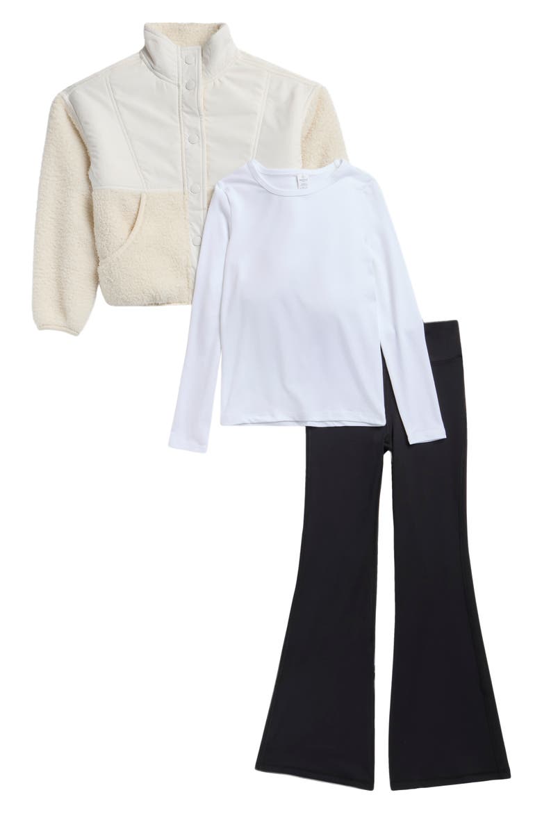 Kids' Whisper Sherpa Jacket, Tee & Flare Pants 3-Piece Set, Main, color, WHITE DOVE/ WHITE/ BLACK