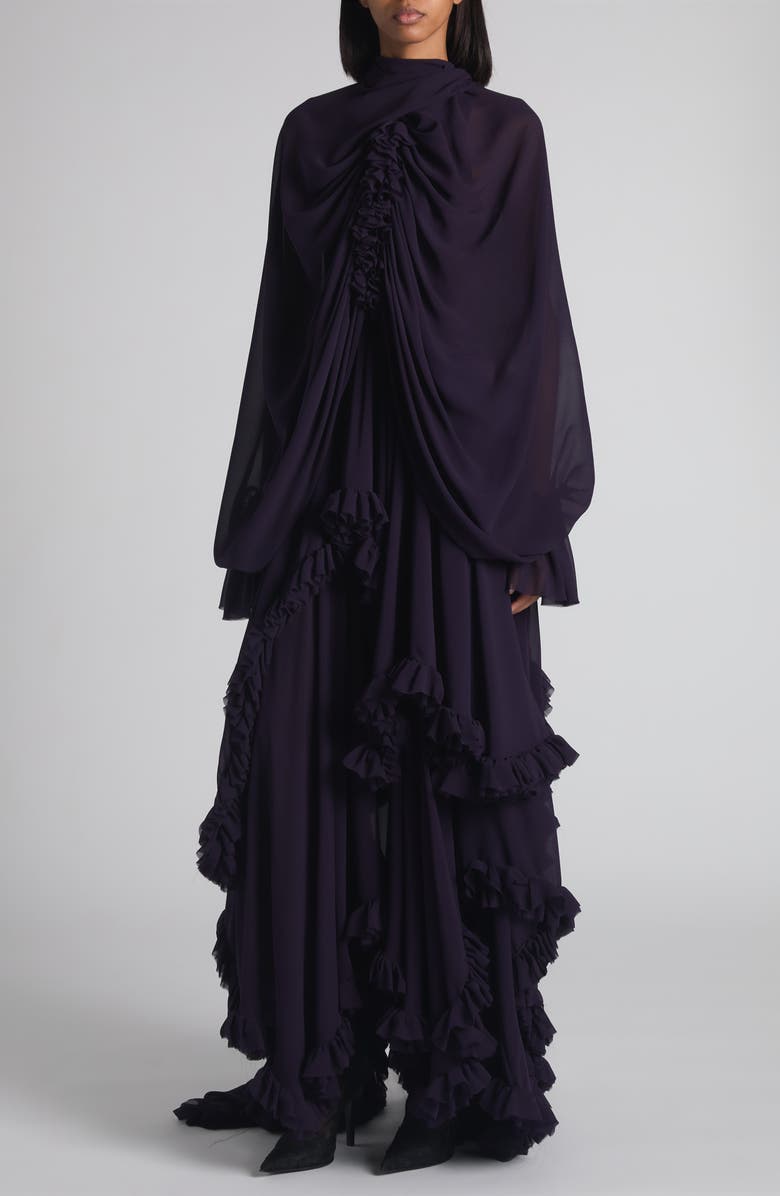 McQueen Draped Ruffle Long Sleeve Silk Georgette Gown, Alternate, color, Violet