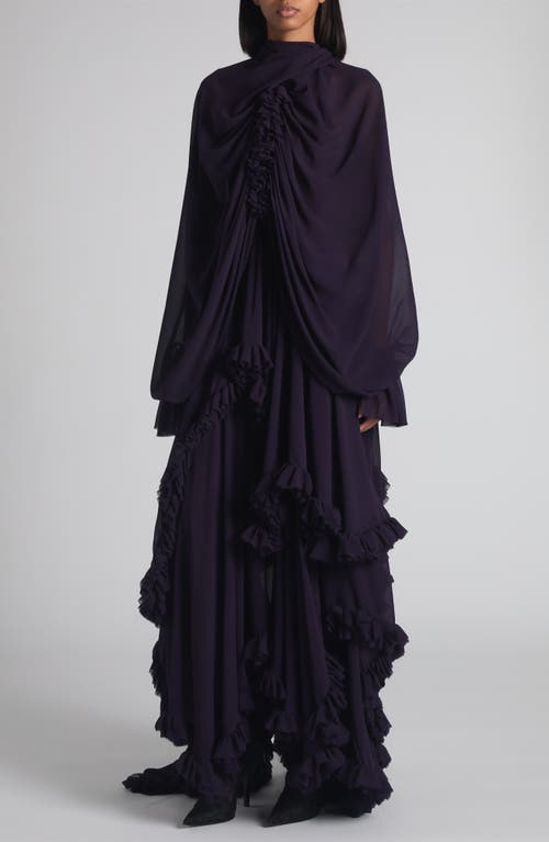 Alexander Mcqueen Mcqueen Draped Ruffle Long Sleeve Silk Georgette Gown In Blue