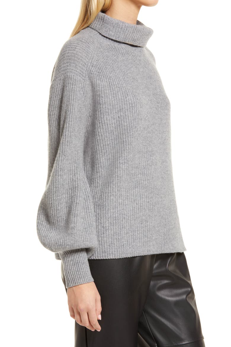 Puff Sleeve Wool & Cashmere Turtleneck Sweater, Alternate, color, GREY HEATHER