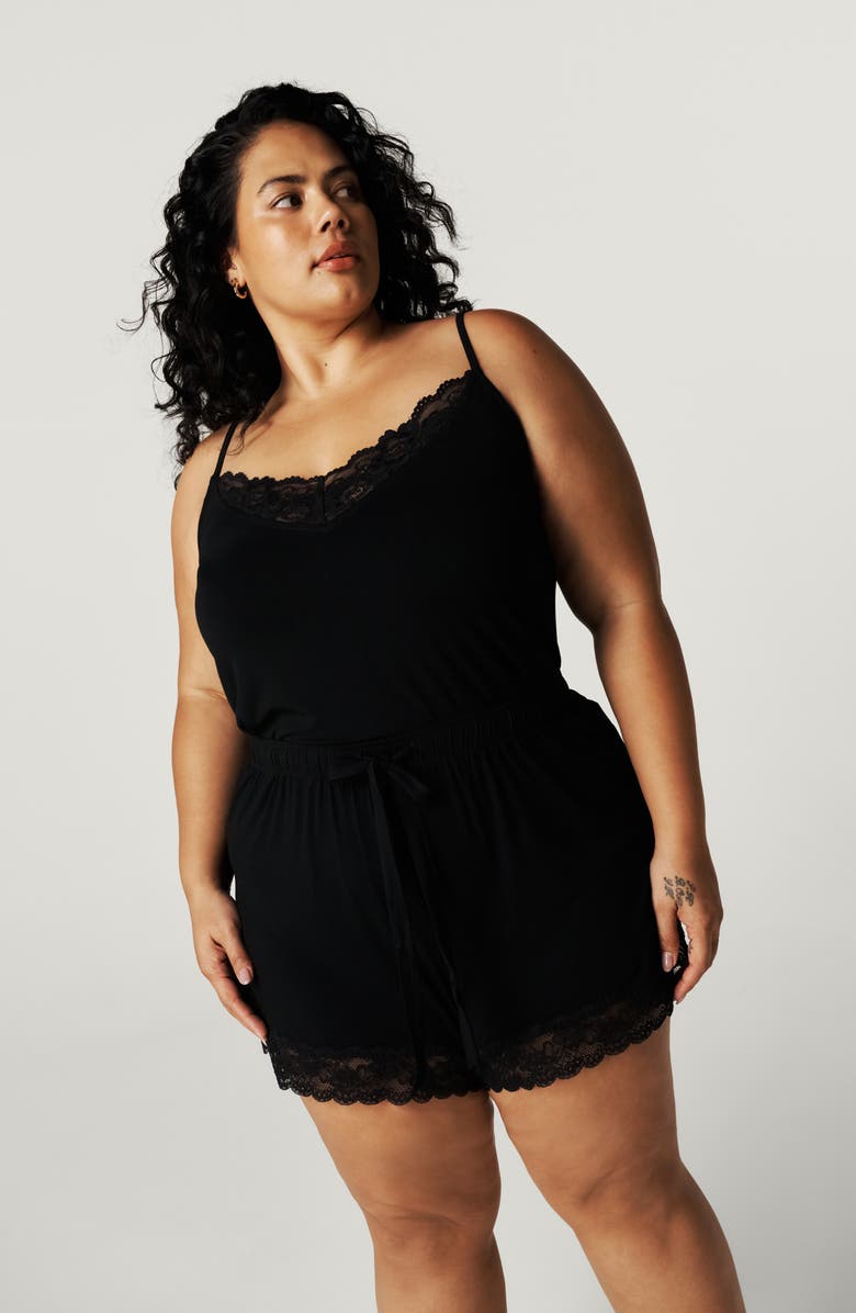 Posh Peanut Lace Trim Pajama Shorts, Alternate, color, Black