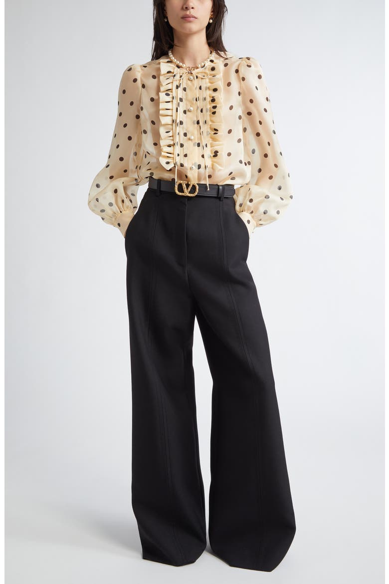Polka Dot Ruffle Sheer Silk Organza Shirt, Alternate, color, AVORIO/NERO