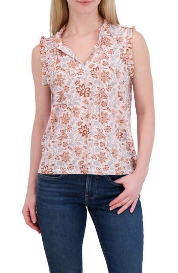 Lucky Brand Ruffle Split Neck Cotton Blend Tank