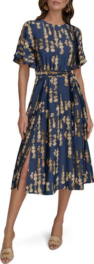Donna Karan New York Abstract Print Cold Shoulder Midi Dress