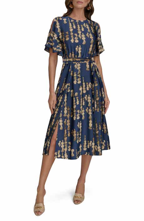Donna Karan New York Abstract Print Cold Shoulder Midi Dress