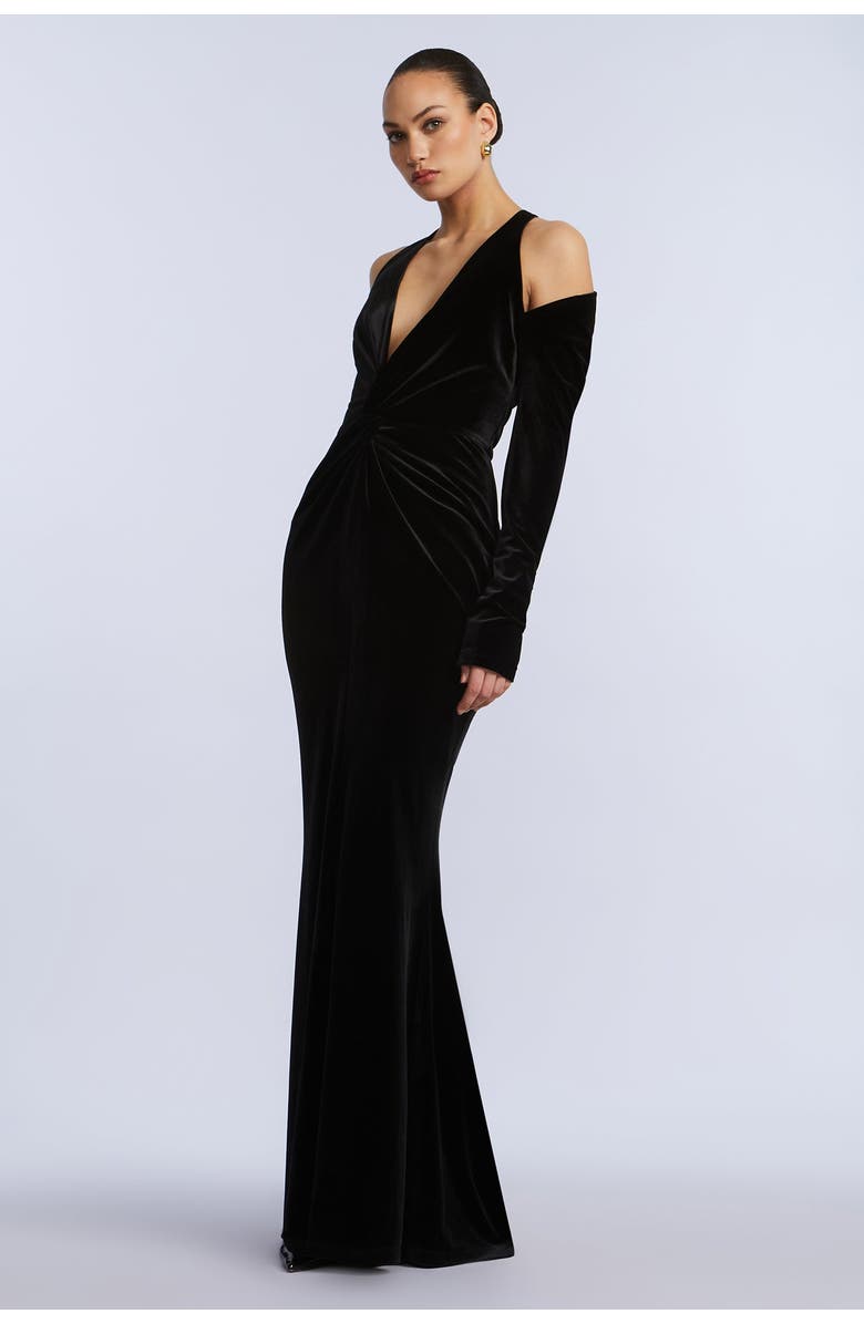 BCBGMAXAZRIA Long Sleeve Halter Velvet Gown, Alternate, color, Black