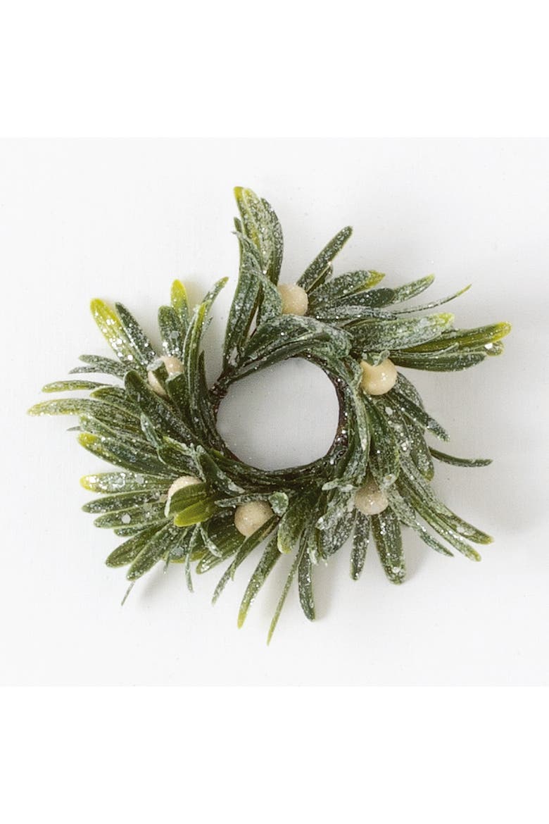 Sullivan's Christmas Mistletoe Candle Ring, Green Faux Floral Decor for Crafting, Weddings, Home and Holiday Decoration, 7 Inch, Main, color, Green