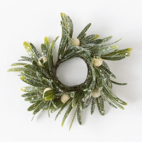 Sullivan's Christmas Mistletoe Candle Ring, Green Faux Floral Decor for Crafting, Weddings, Home and Holiday Decoration, 7 Inch