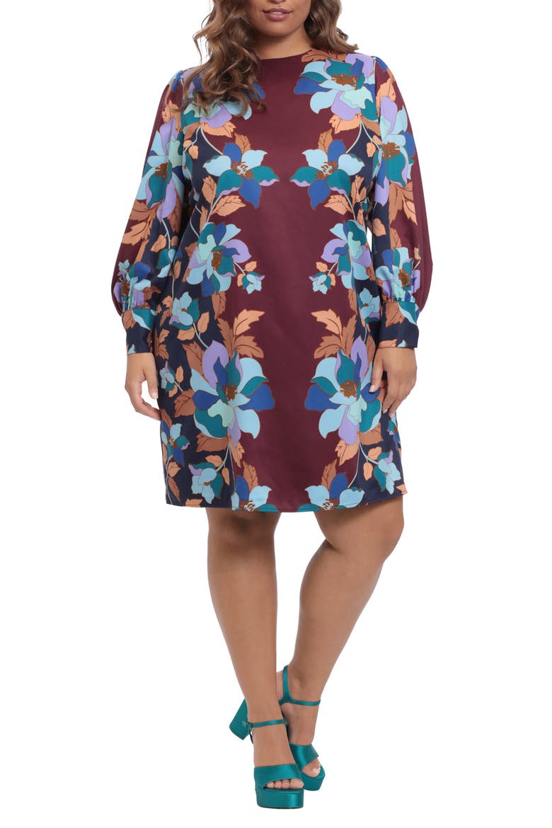 Floral Long Sleeve Sheath Dress, Main, color, WINE/ TEAL
