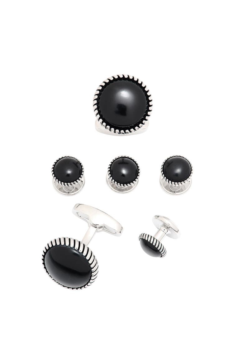 Classic Round Gemstone Cufflinks and Tuxedo Studs with Textured Border, Main, color, Black