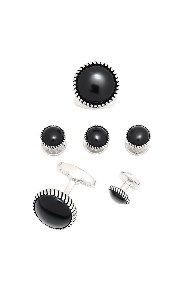 Link Up Classic Round Gemstone Cufflinks and Tuxedo Studs with Textured Border, Main, color, Black
