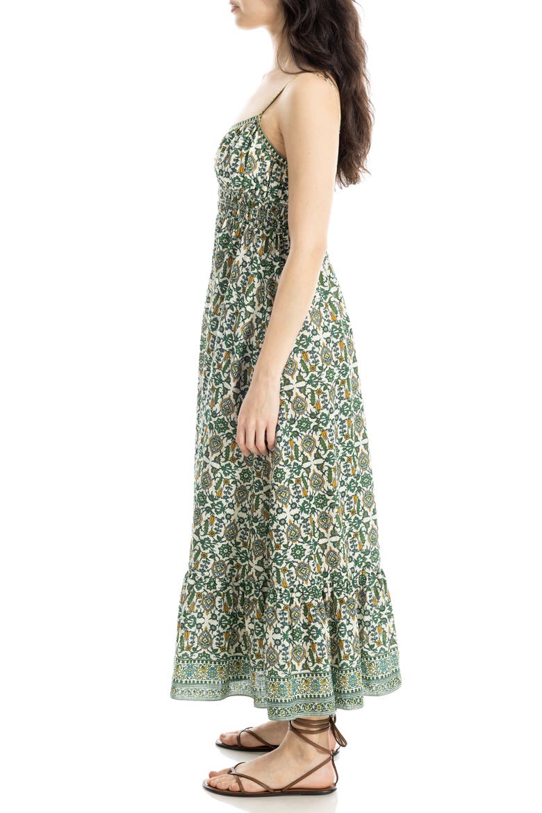 Smocked Empire Waist Maxi Dress, Alternate, color, ECRU/ GREEN/ GOLD TURKISH