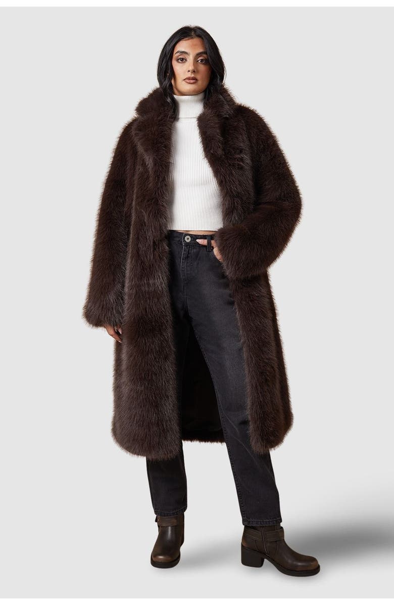 Oasis Faux Fur Midi Coat, Main, color, Chocolate