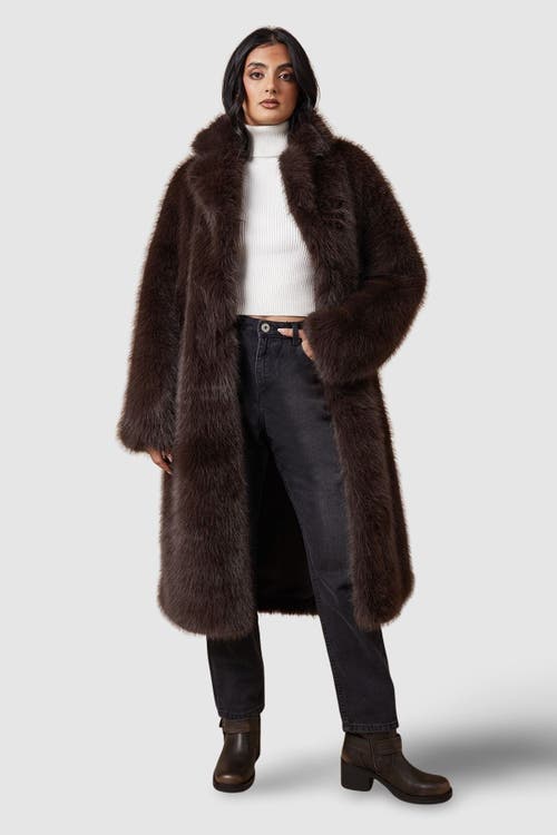 Oasis Faux Fur Midi Coat In Brown