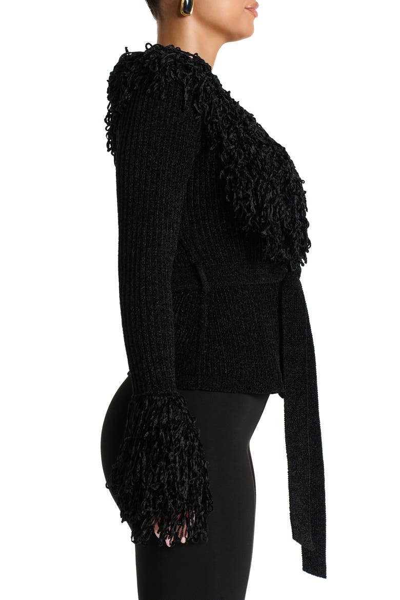 Fringe Tie Waist Chenille Cardigan, Alternate, color, BLACK