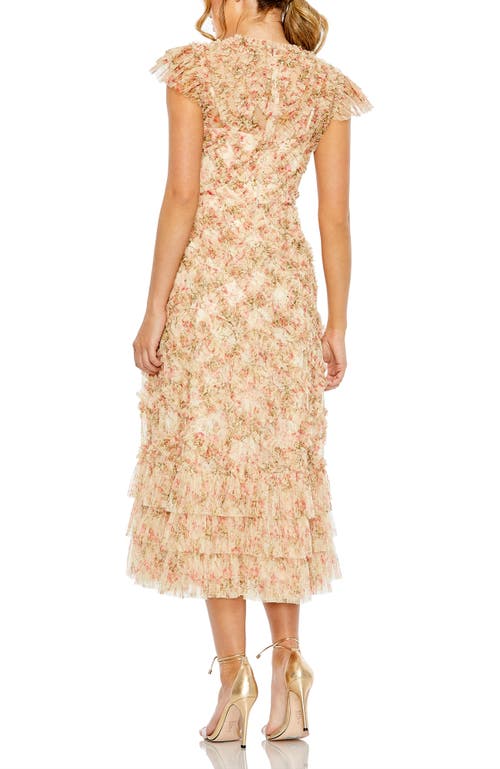 Mac Duggal Ruffle Tiered Short Sleeve A Line Dress In Beige Multi
