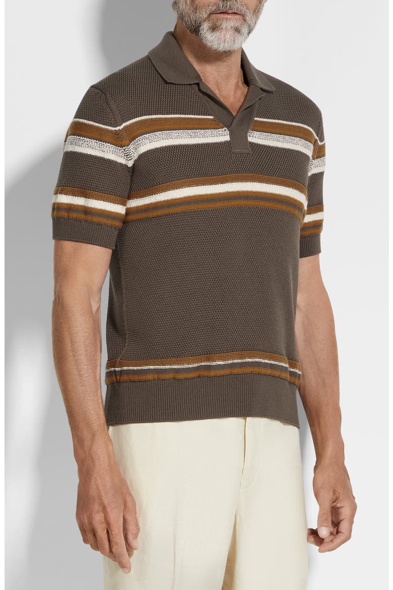 Stripe Cotton & Silk Polo Sweater, Main, color, DARK BEIGE STRIPE