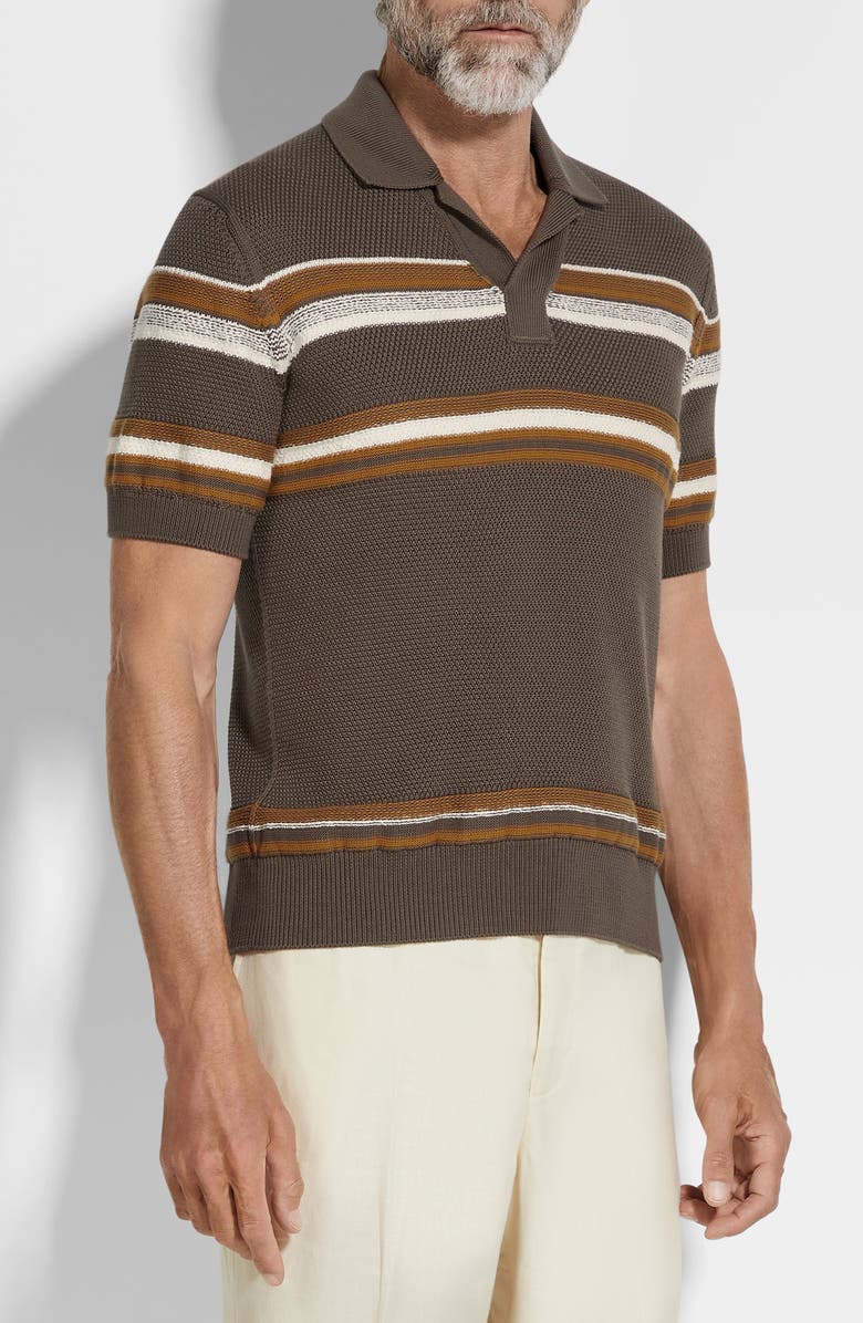 ZEGNA Stripe Cotton & Silk Polo Sweater, Main, color, Dark Beige Stripe