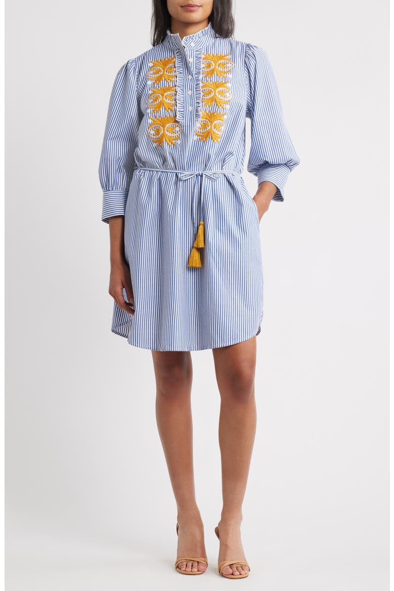 Embroidered Tie Waist Long Sleeve Dress, Main, color, NAVY IVORY