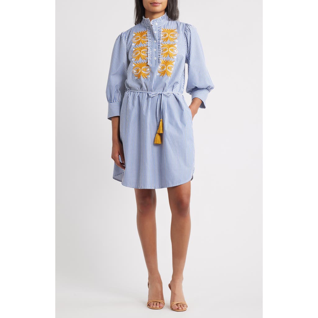 Julia Jordan Embroidered Tie Waist Long Sleeve Dress in Navy Ivory  product