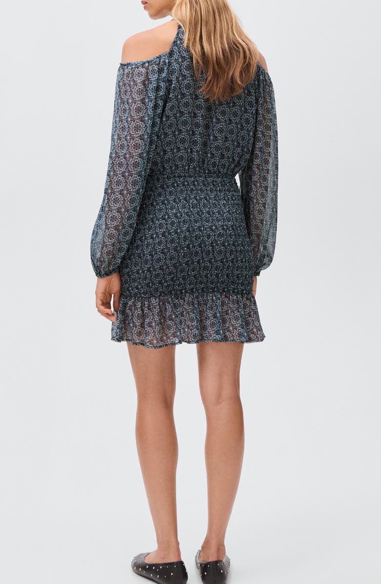 MANGO TEEN Cold Shoulder Long Sleeve Smocked Dress, Alternate, color, Petrol Blue