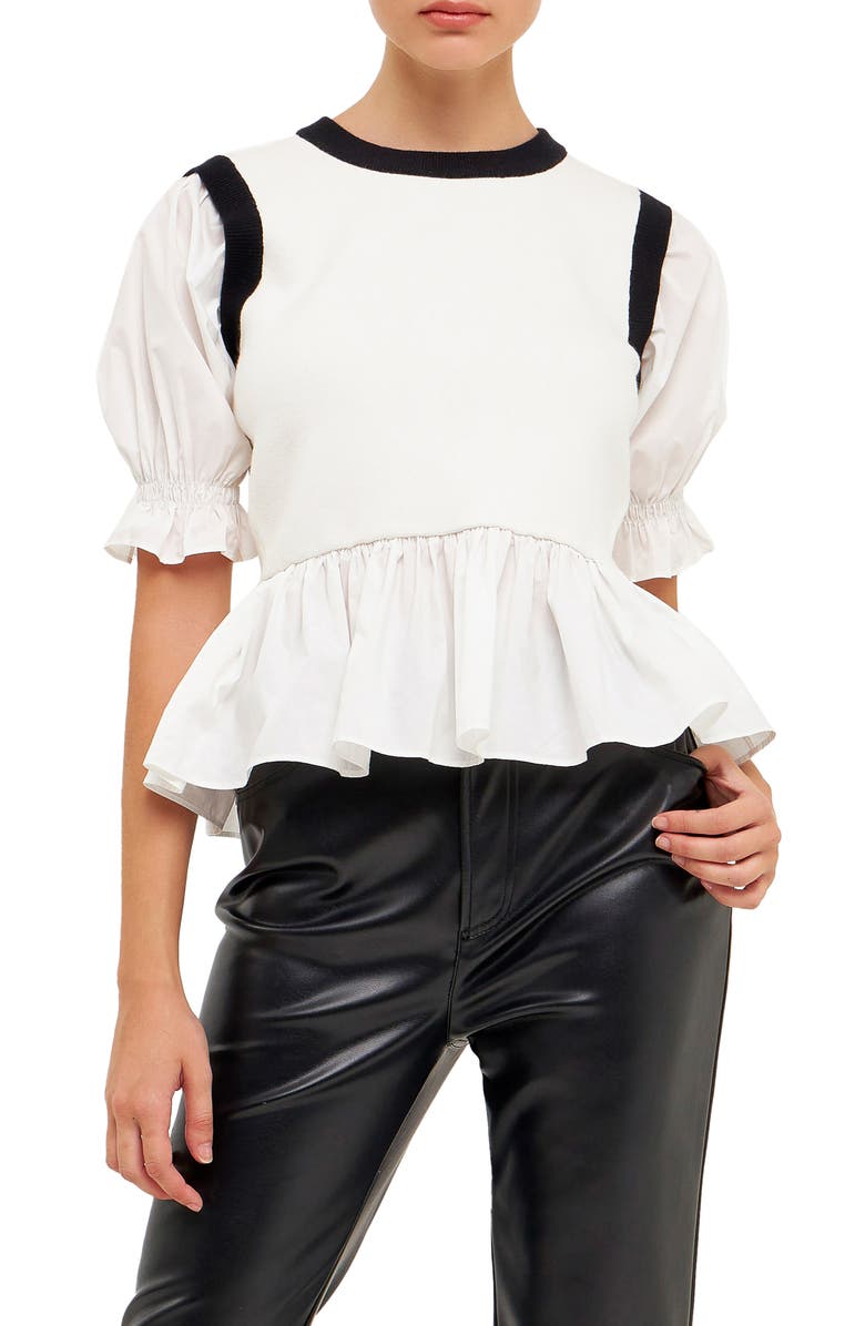 English Factory Mixed Media Puff Sleeve Peplum Top, Main, color,