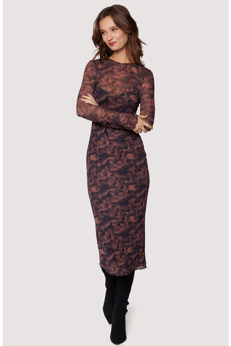 Contessa Long Sleeve Mesh Midi Dress, Alternate, color, COPPER BLACK