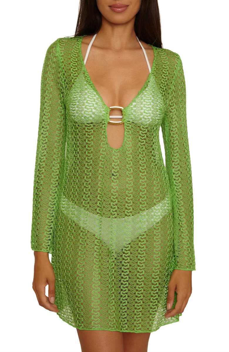 Becca Metallic Long Sleeve Sheer Cover-Up Dress, Main, color, Green Apple