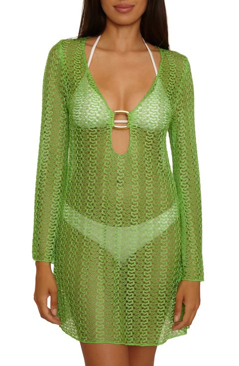 Metallic Long Sleeve Sheer Cover-Up Dress