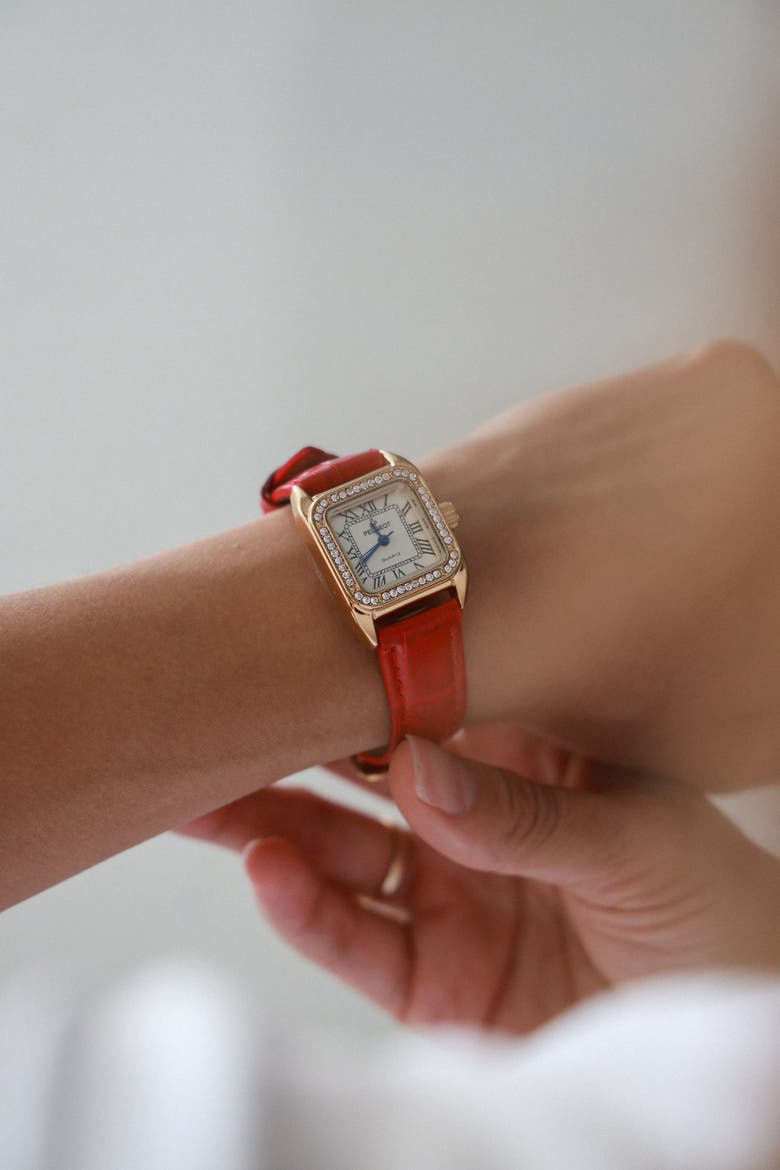 Status Square Crystal Bezel Leather Watch - 34x24MM, Alternate, color, Red
