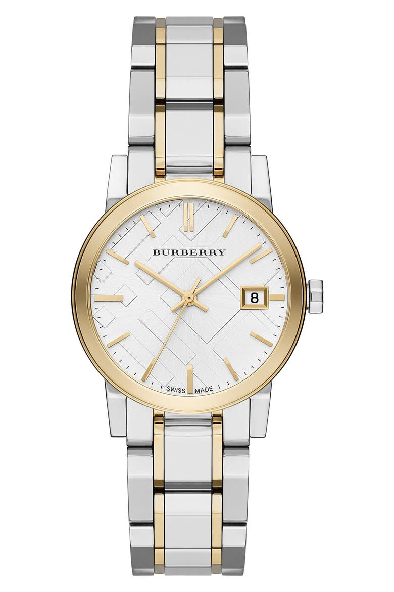 Medium Check Stamped Bracelet Watch, 34mm, Main, color, GOLD/ SILVER