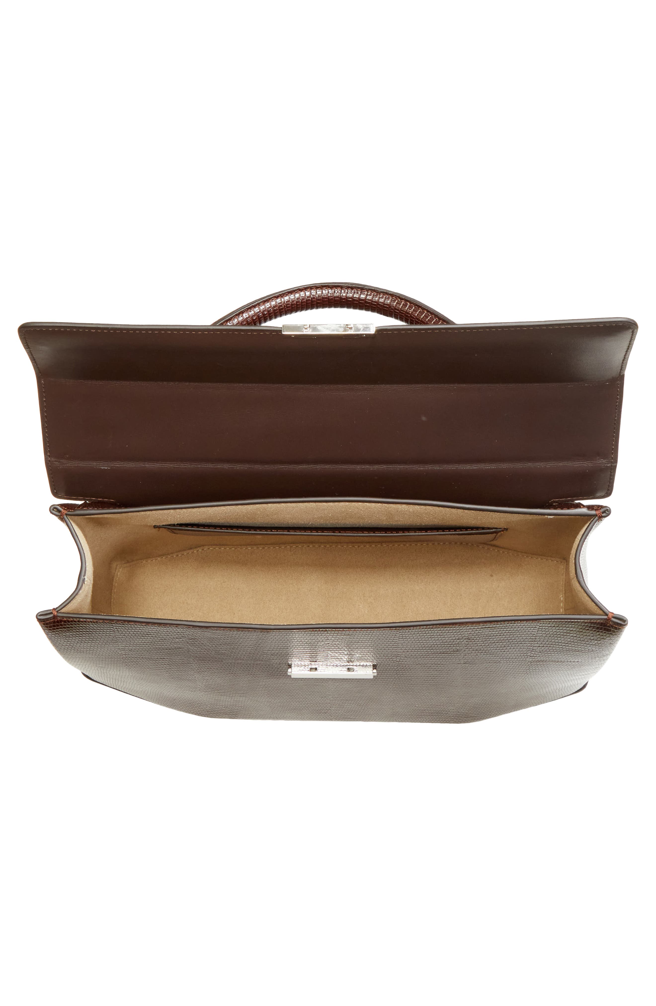 Clip Lizard Embossed Leather Top Handle Bag, Alternate, color, BROWN