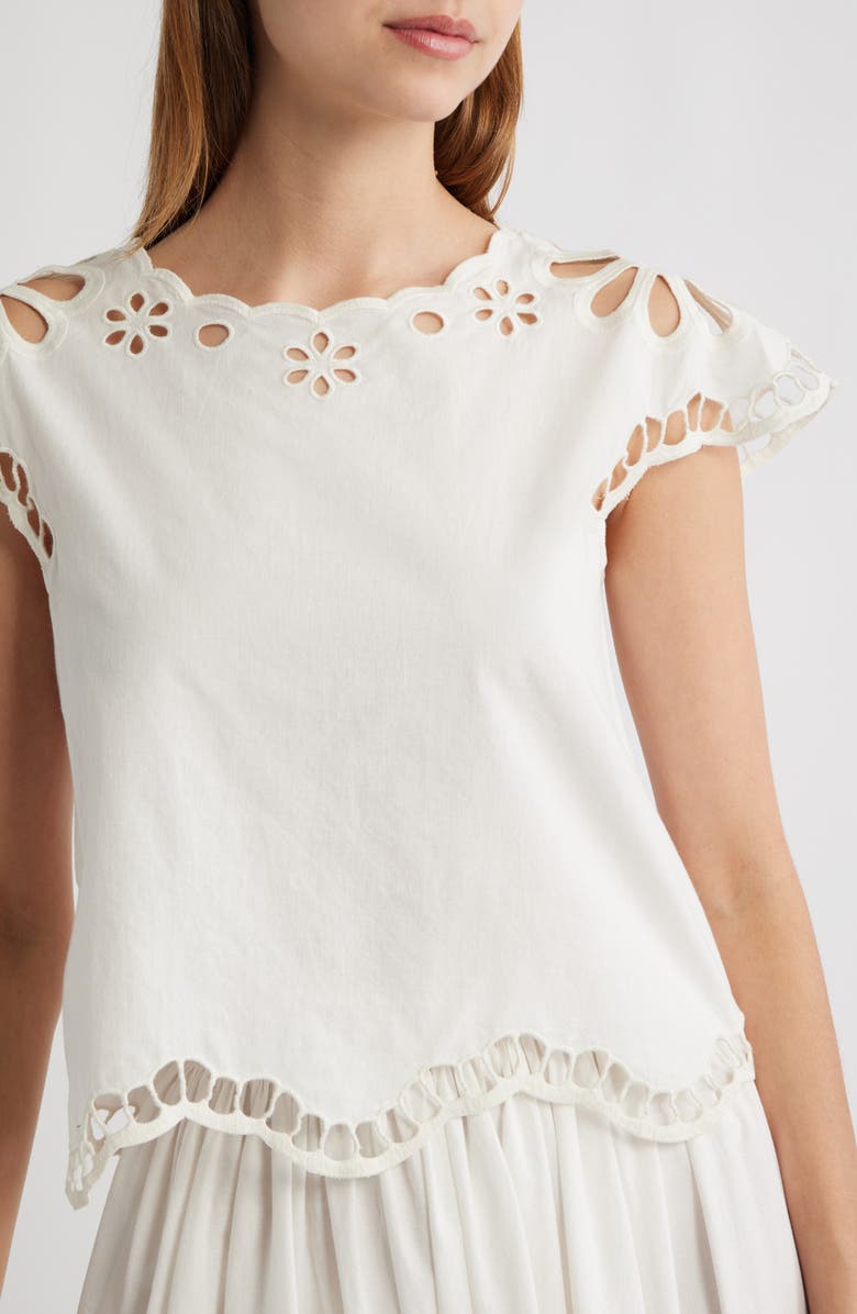 THE GREAT. The Super Bloom Eyelet Top, Alternate, color, White