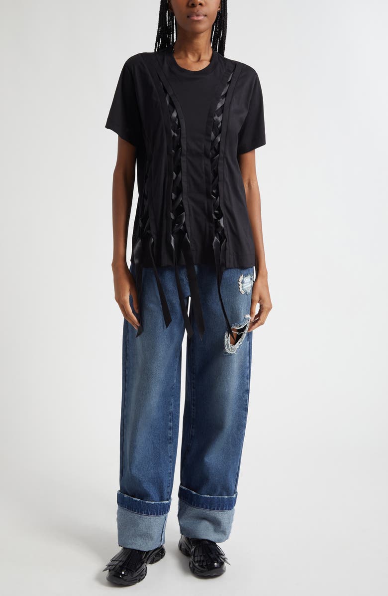 Simone Rocha Unraveling Ribbon Inset T-Shirt, Alternate, color, Black