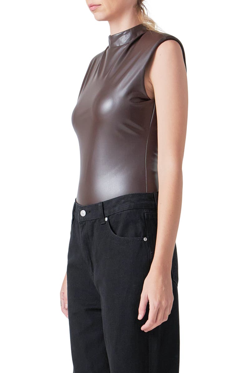 Grey Lab Mock Neck Faux Leather Bodysuit, Alternate, color, Brown