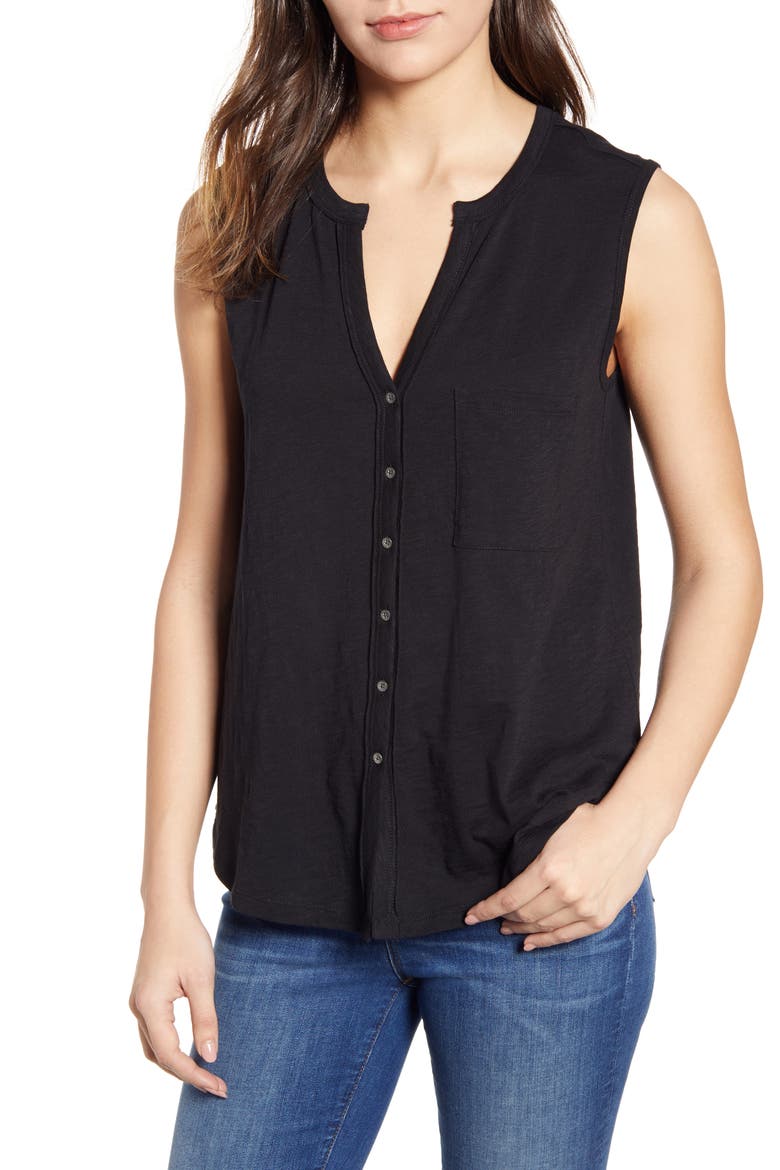 Sleeveless Button Top, Main, color, BLACK