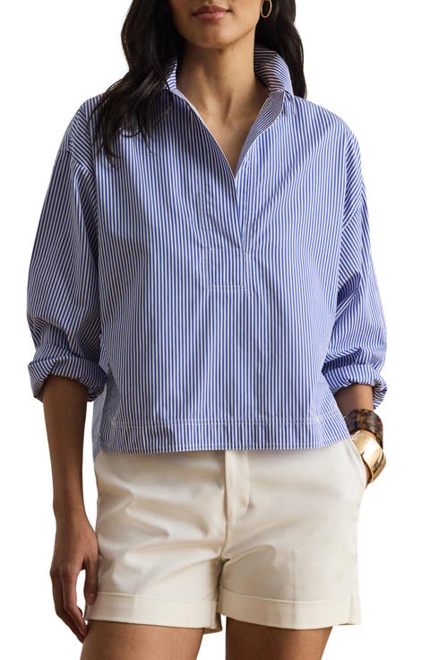 Lauren Ralph Lauren '70s Stripe Cotton Broadcloth Crop Popover Shirt (Regular & Petite)
