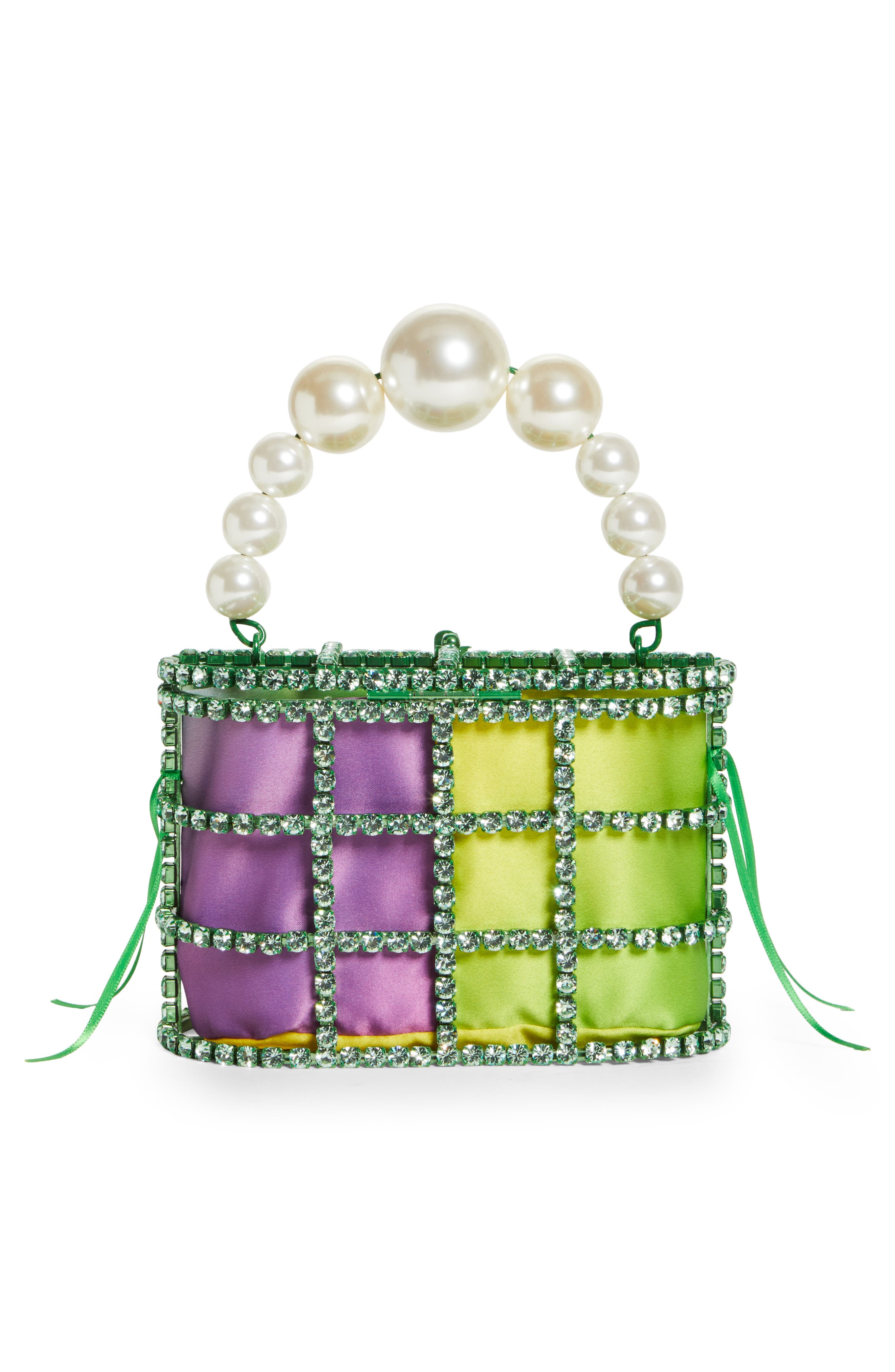 Rosantica Holli Crystal & Imitation Pearl Satin Handbag, Alternate, color, 