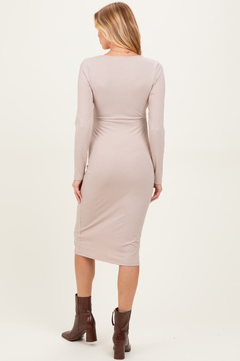 Ribbed Long Sleeve Square Neck Tie Belt Midi Dress, Alternate, color, Beige