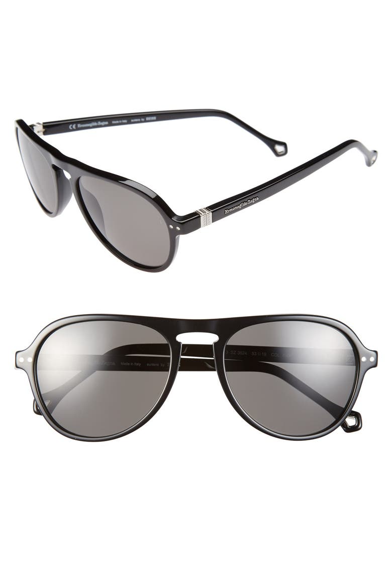Ermenegildo Zegna 53mm Aviator Sunglasses, Main, color, BLACK