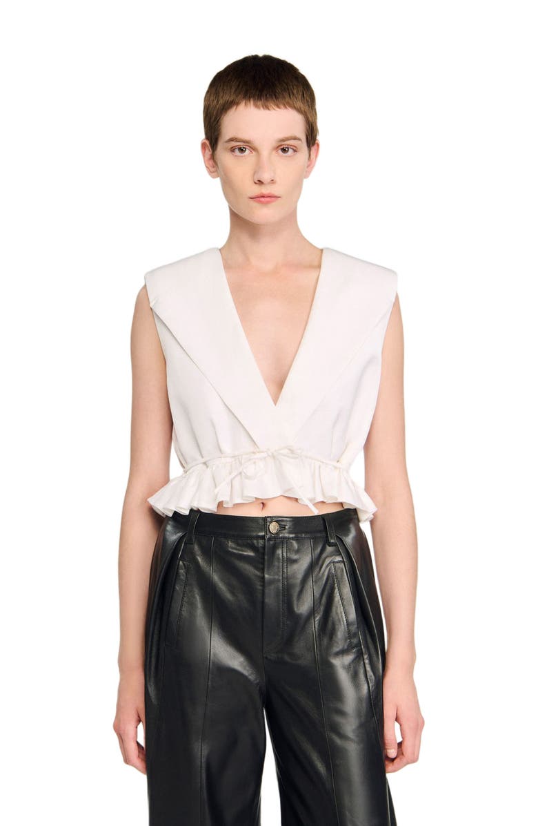 SANDRO Ruffled V-neck crop top, Alternate, color, Ecru