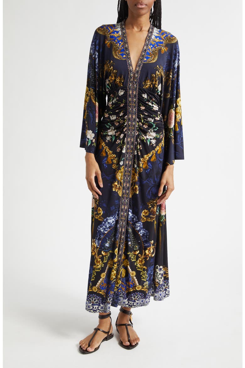 Beaded Print Long Sleeve Ruched Silk Midi Dress, Main, color, NOTES FROM THE BLUE ROOM
