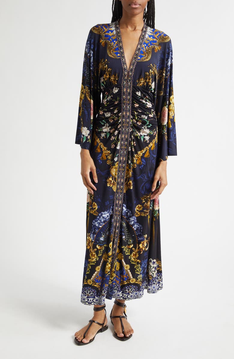 Camilla Beaded Print Long Sleeve Ruched Silk Midi Dress, Main, color, Notes From The Blue Room