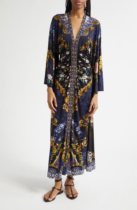 Beaded Print Long Sleeve Ruched Silk Midi Dress