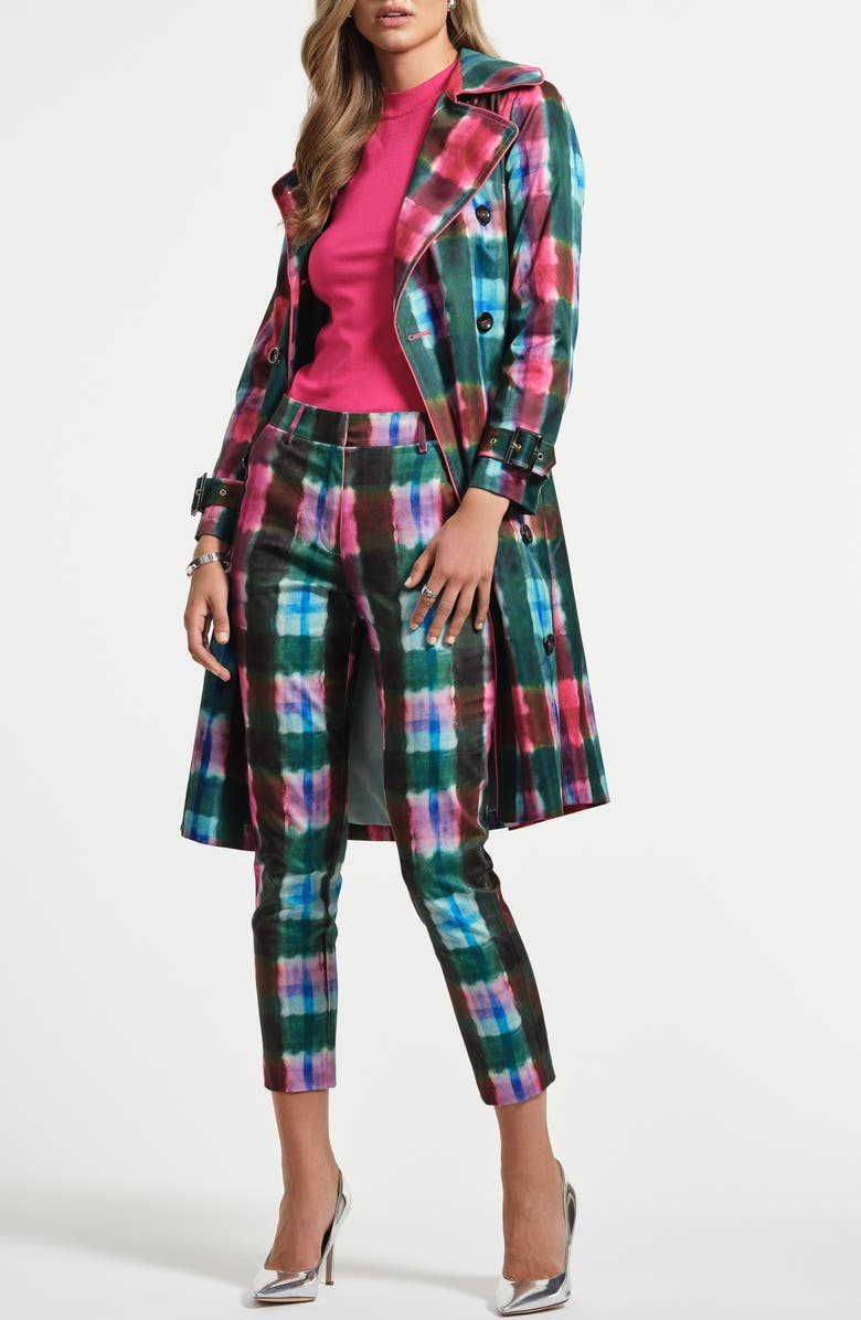 Isaac Mizrahi New York Plaid Double Breasted Trench Coat, Alternate, color, Watercolor Tartan
