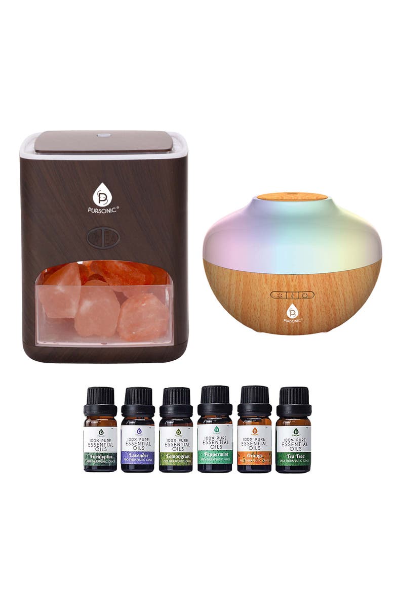 Himalayan Salt Lamp & Aromatherapy Diffuser Wellness Set, Main, color, Brown