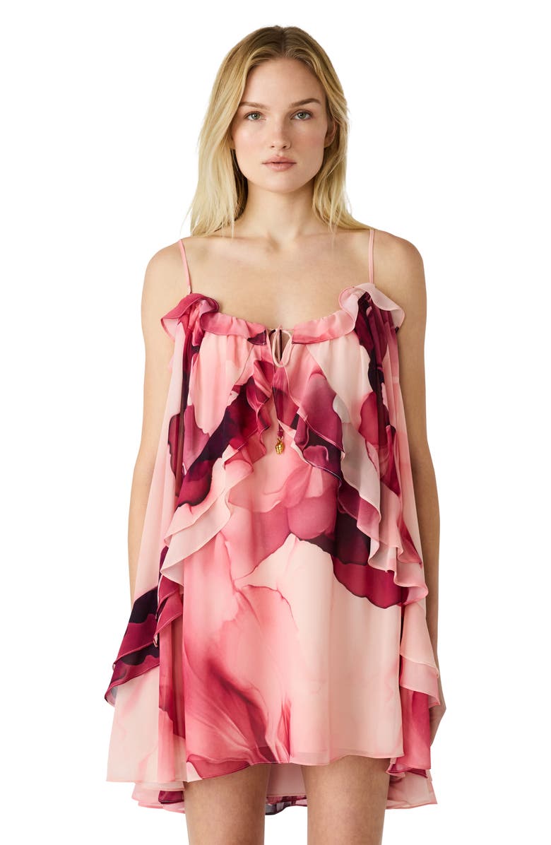 Steve Madden Lorella Print Ruffle Sleeveless Shift Dress, Alternate, color, Coral Cloud