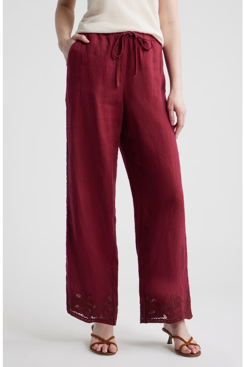 Emmie Embroidered Linen Drawstring Pants, Main, color, BERRY HIBISCUS EMBROIDERY