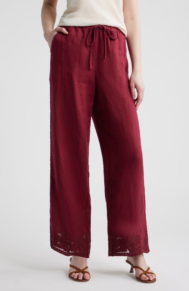 Rails Emmie Embroidered Linen Drawstring Pants, Main, color, Berry Hibiscus Embroidery